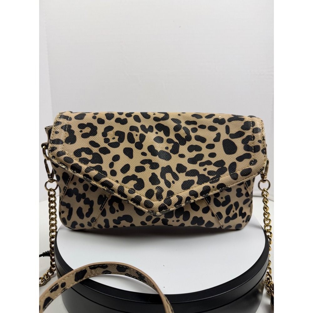 Caroline Hill Leopard Print Envelope Crossbody Bag Gold Chain Strap Tan Black